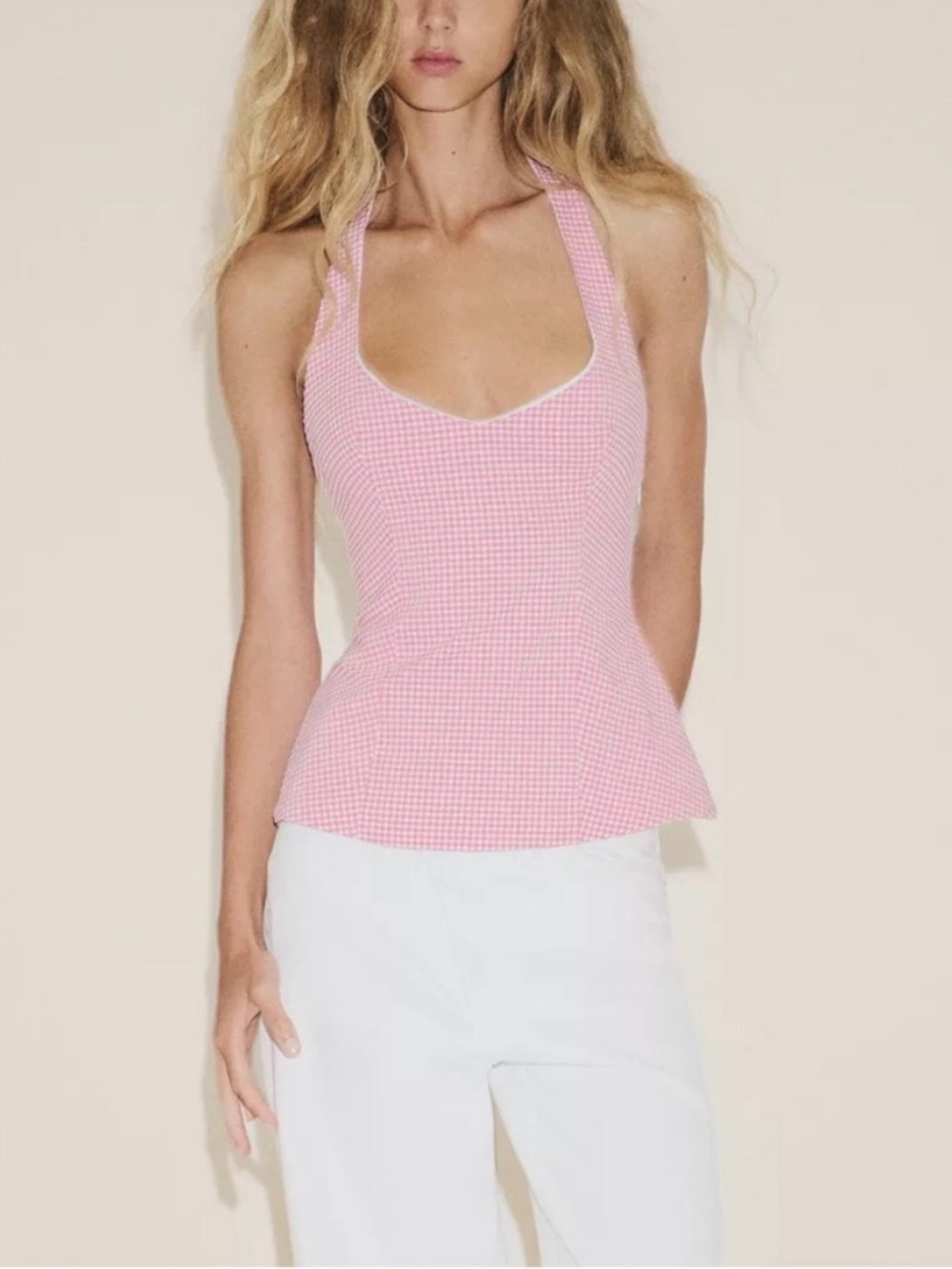 Zara Pink Gingham Peplum Halter Top Open Back Cottagecore Size Medium NWT